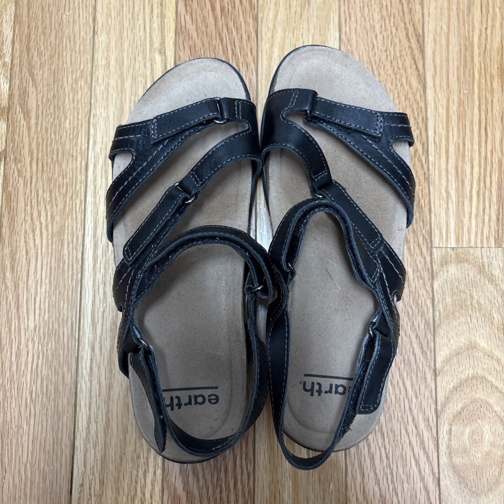 Earth Origins Womens Black Leather Strappy Sandals Oahu Wide Size 6.5 W